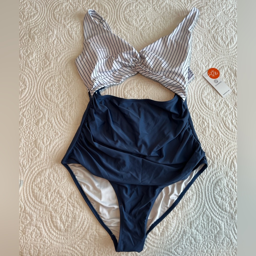 NWT Navy Blue Striped One Piece Swimsuit